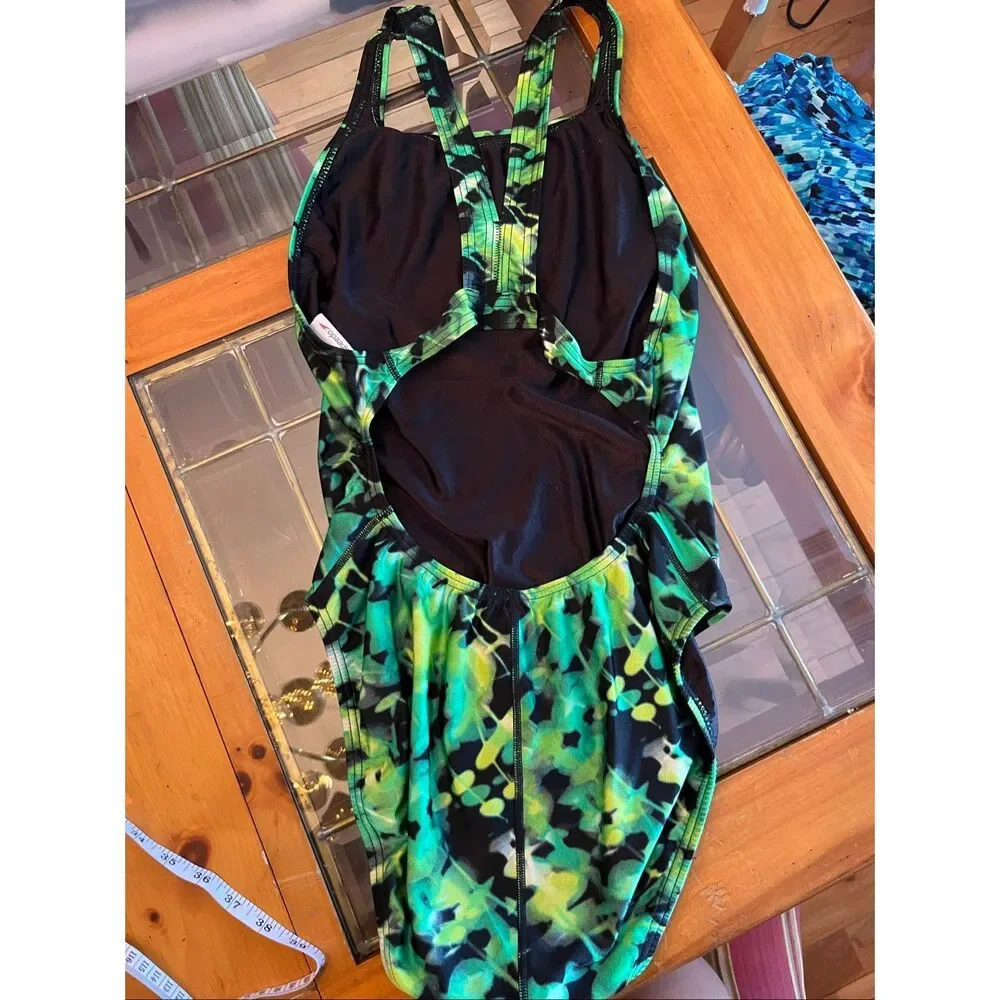 Speedo Kids Shatter Skin Print Super Pro Back One Piece Swimsuit Green Size 14